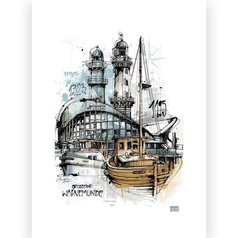 Kunstdruck Illustration Christoph Kadur Warnemünde Skyline Sonderangebot