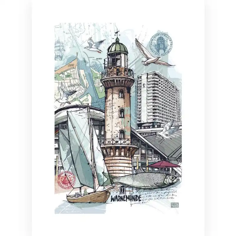 Bestpreis Kunstdruck Illustration Christoph Kadur Warnemünder Leuchtturm