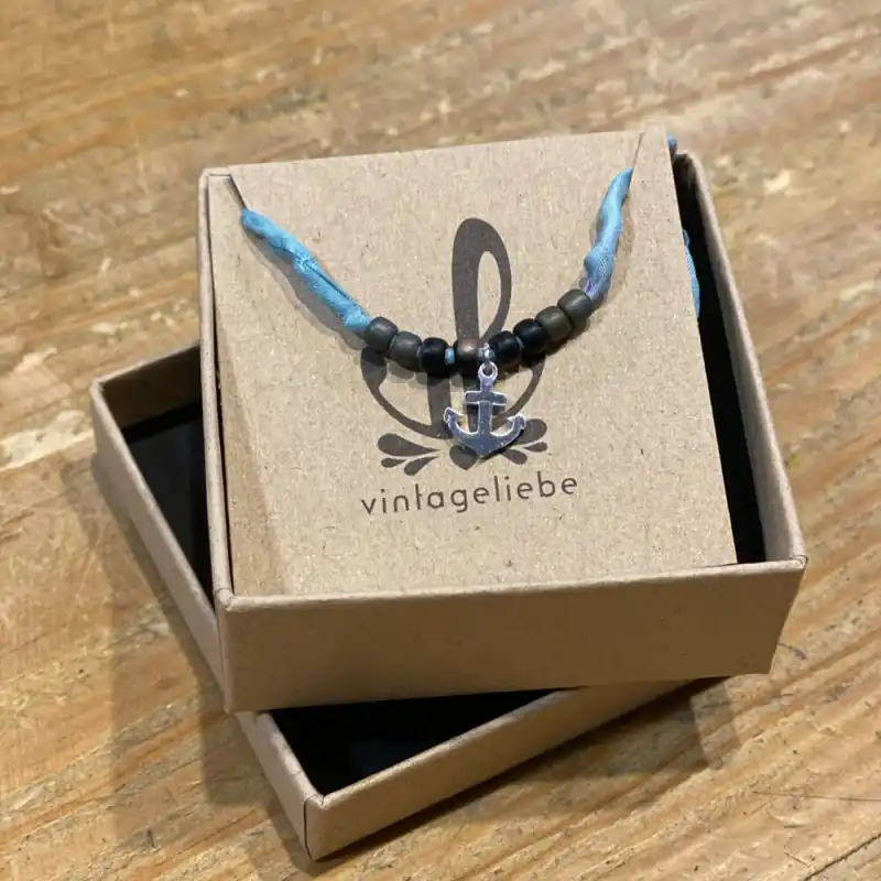 Angebot Vintageliebe Kette Anker Silber Hellblau Seidenband