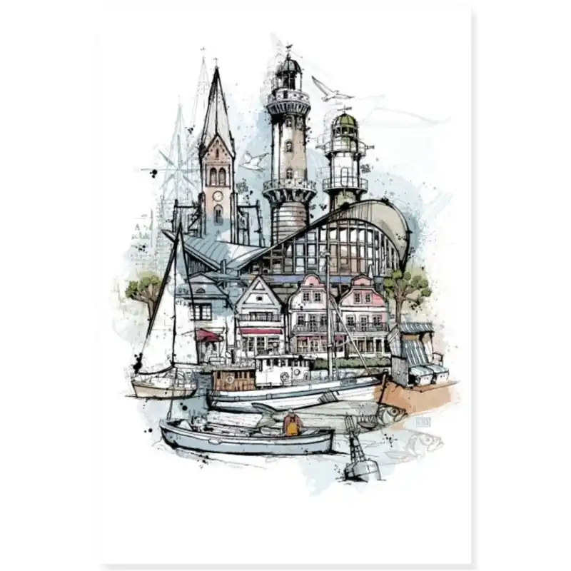 Postkarte Illustration Christoph Kadur Etikette Warnemünde Solange Der Vorrat Reicht